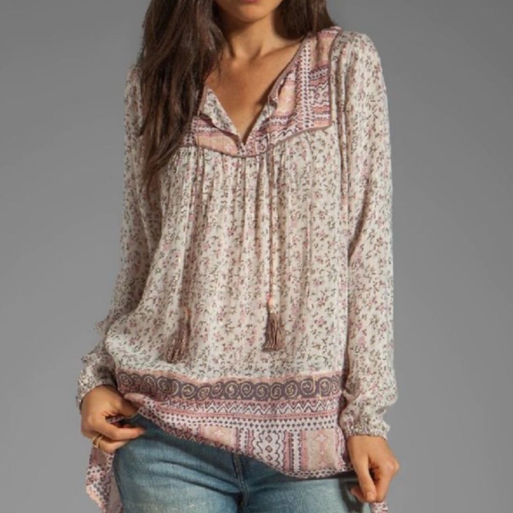 Free People Dream Lover Tunic Boho Peasant Tassel Long Sleeve Blouse with Floral
